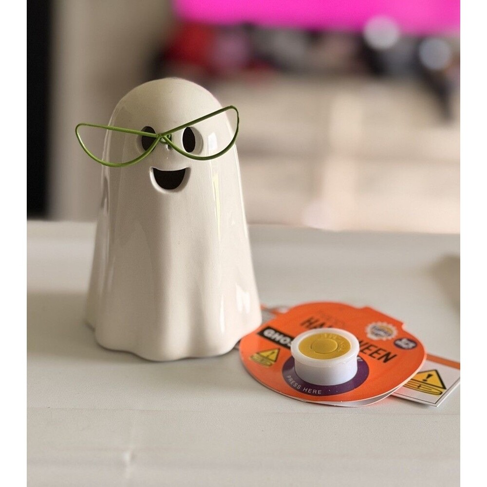 Halloween White Ghost Light-Up Ceramic Decor with Green Glasses 2.5”H (NEW)